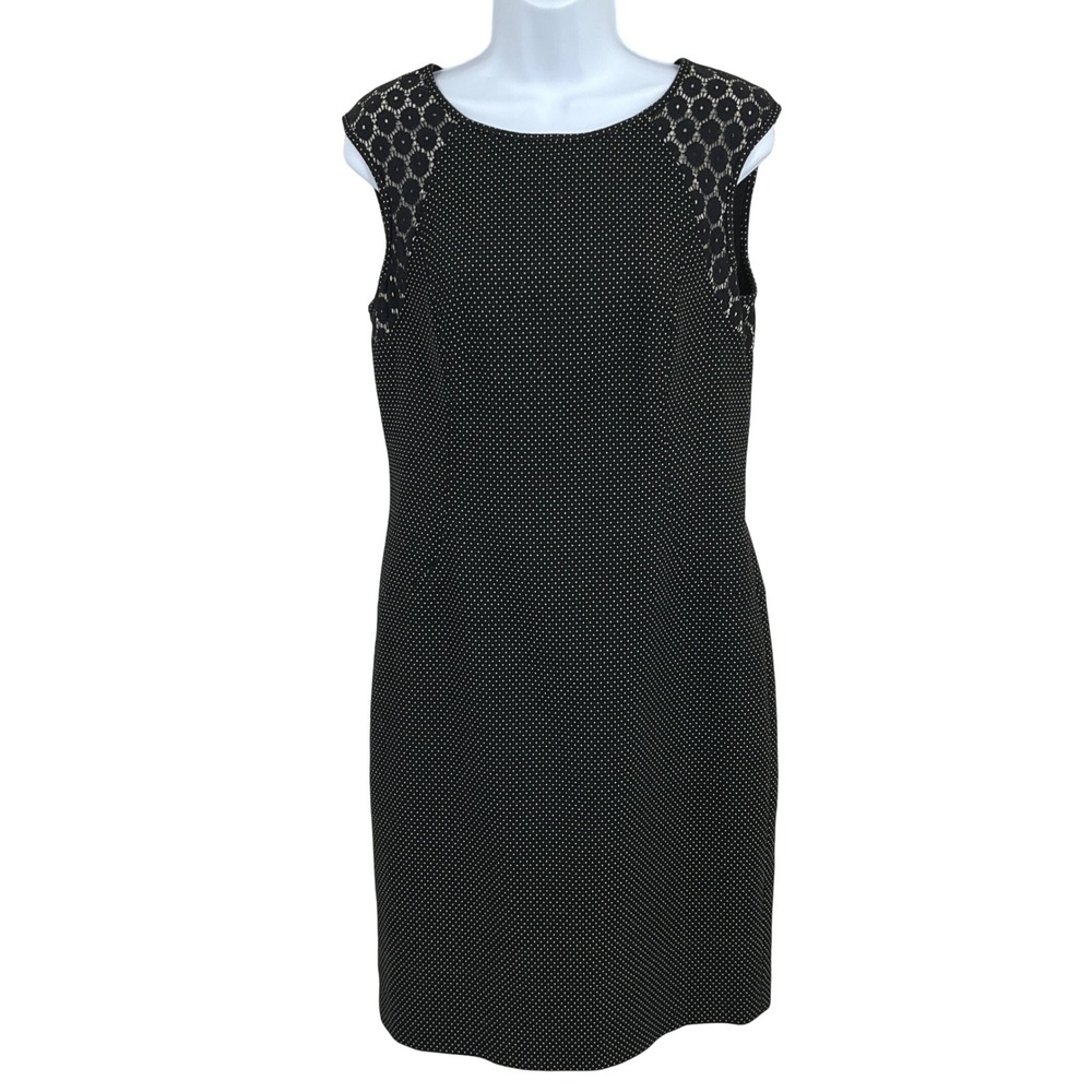 Ann Taylor Sheath Dress Womens 8 Black Polka Dot Lace Yoke Chic Classic Timeless